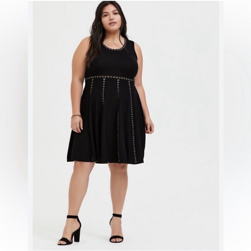 torrid 0/L Black Gold Fine Knit Sleeveless Flare A-Line Mini Skater Dress